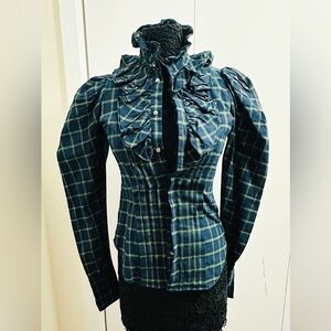 RALPH LAUREN Tartan Ruffle Long Sleeve Blouse Shirt